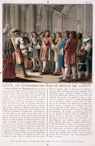 Il Principe de Conti (1664-1709) loda il Duca di Lussemburgo (1628-95) dopo la sua vittoria alla Battaglia di Neerwinden (1693), inciso da Jean Baptiste Morret, 1788 da Antoine Louis Francois Sergent Marceau